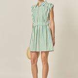 Emerald Stripe Pleated Shoulder Mini Dress