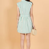 Emerald Stripe Pleated Shoulder Mini Dress