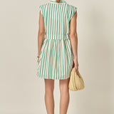 Emerald Stripe Pleated Shoulder Mini Dress
