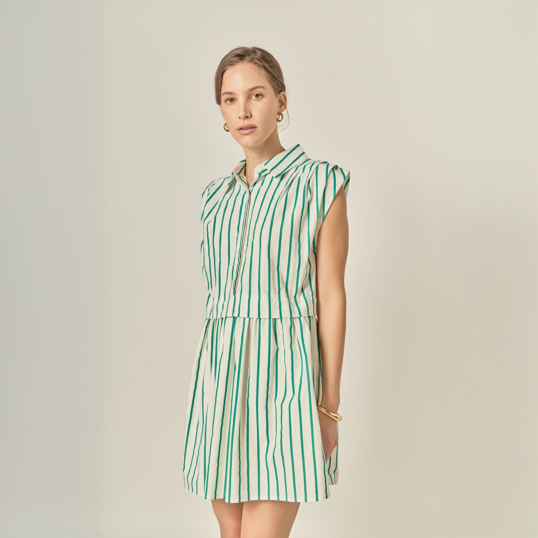 Emerald Stripe Pleated Shoulder Mini Dress