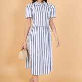 Striped Pleated Shoulder Shirt Midi Dress
