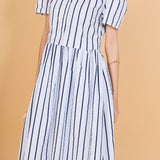 Striped Pleated Shoulder Shirt Midi Dress