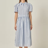 Striped Pleated Shoulder Shirt Midi Dress