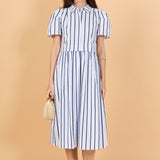 Striped Pleated Shoulder Shirt Midi Dress