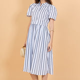 Striped Pleated Shoulder Shirt Midi Dress