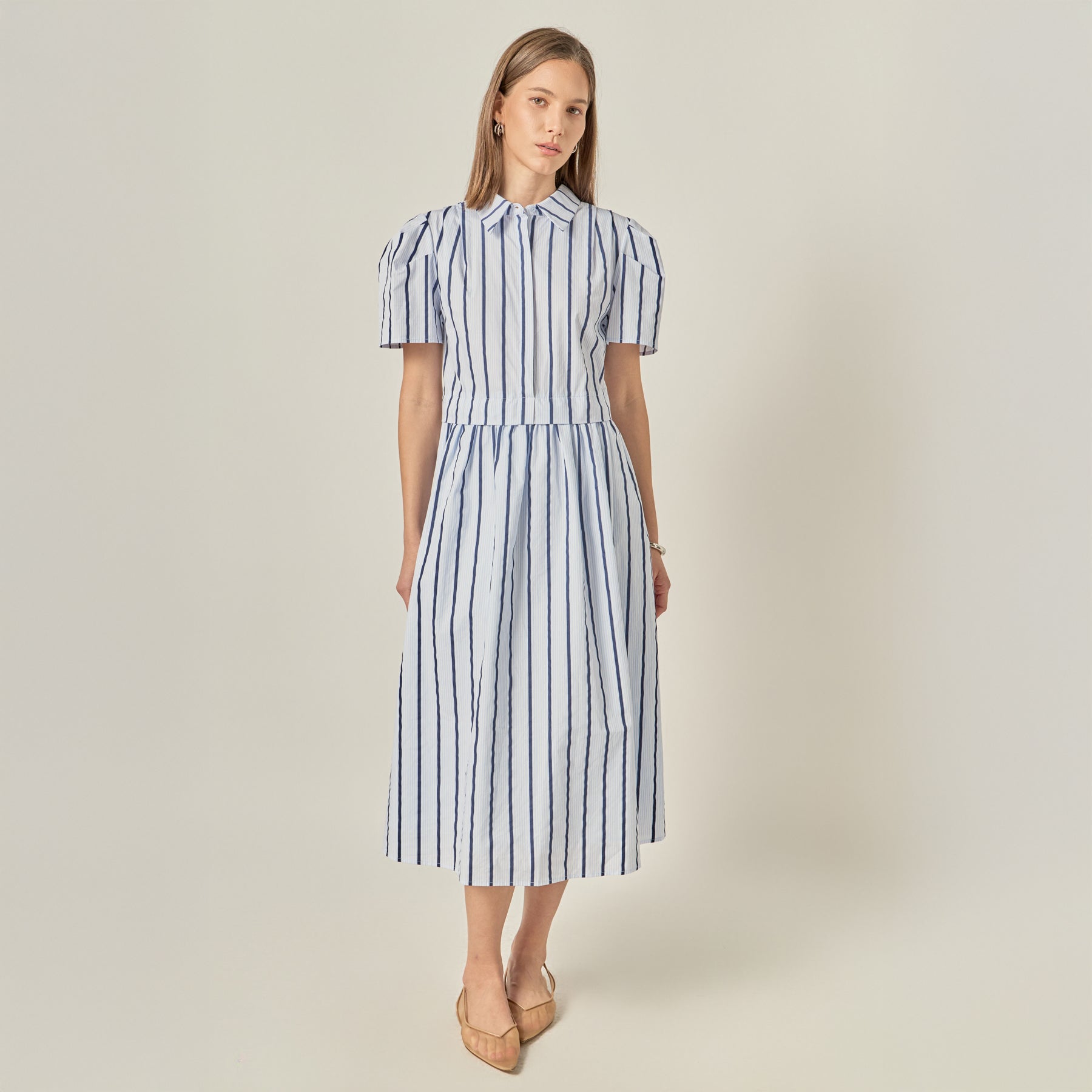 Striped Pleated Shoulder Shirt Midi Dress