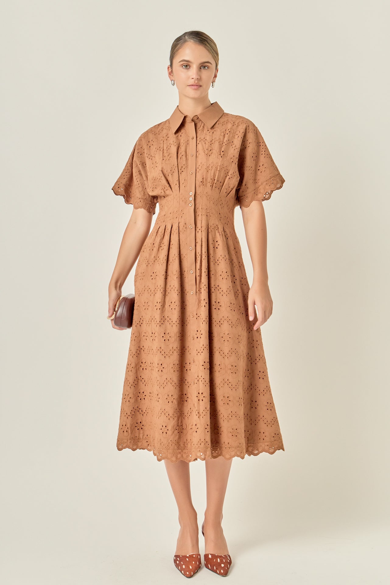 Eyelet Cinched Waist Midi Dress