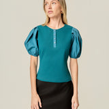 Mixed Media Puff Sleeve Henley Top