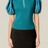 Mixed Media Puff Sleeve Henley Top