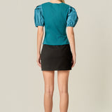 Mixed Media Puff Sleeve Henley Top