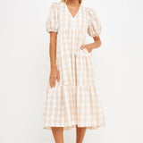 Gingham Puff Sleeve Midi Dress- Sold Out