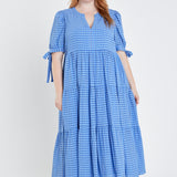 Gingham Tiered Midi Dress with Bow Tie Sleeves - Sale