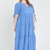 Gingham Tiered Midi Dress with Bow Tie Sleeves - Sale