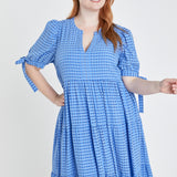 Gingham Tiered Midi Dress with Bow Tie Sleeves - Sale