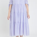 Gingham Tiered Midi Dress with Bow Tie Sleeves