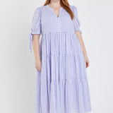 Gingham Tiered Midi Dress with Bow Tie Sleeves