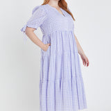 Gingham Tiered Midi Dress with Bow Tie Sleeves