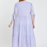 Gingham Tiered Midi Dress with Bow Tie Sleeves