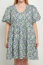 Load image into Gallery viewer, Floral Puff Sleeve Jacquard High Low Dress
