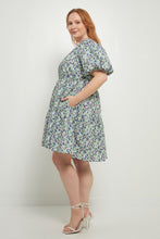 Load image into Gallery viewer, Floral Puff Sleeve Jacquard High Low Dress
