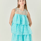 Organza Gridded Tiered Sleeveless Mini Dress