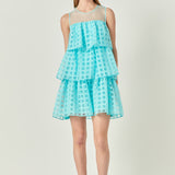 Organza Gridded Tiered Sleeveless Mini Dress