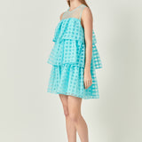 Organza Gridded Tiered Sleeveless Mini Dress