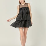 Organza Gridded Tiered Sleeveless Mini Dress