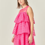 Organza Gridded Tiered Sleeveless Mini Dress