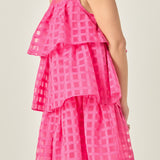 Organza Gridded Tiered Sleeveless Mini Dress
