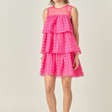Organza Gridded Tiered Sleeveless Mini Dress