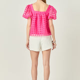 Organza Gridded Square Neck Crop Top