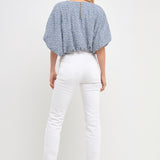 Women Woven Cropped Puff Blouse