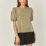 Sequins Puff Sleeve Gingham Top