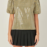 Sequins Puff Sleeve Gingham Top