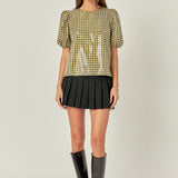Sequins Puff Sleeve Gingham Top