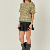 Sequins Puff Sleeve Gingham Top