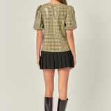 Sequins Puff Sleeve Gingham Top