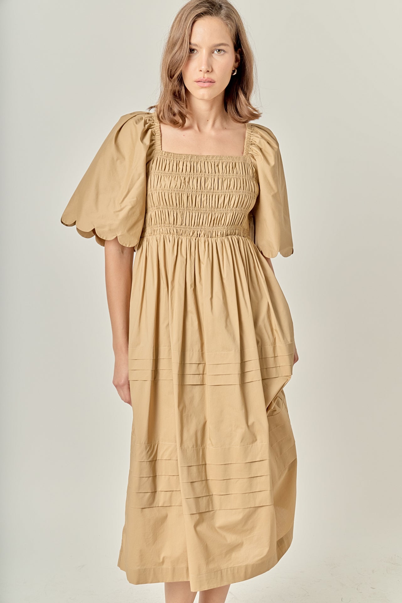 English Factory - Scallop Detail Midi Dress Tan / XS English Factory - Scallop Detail Midi Dress Tan / XS