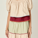 Colorblock Rickrack Trim Puff Sleeve Top