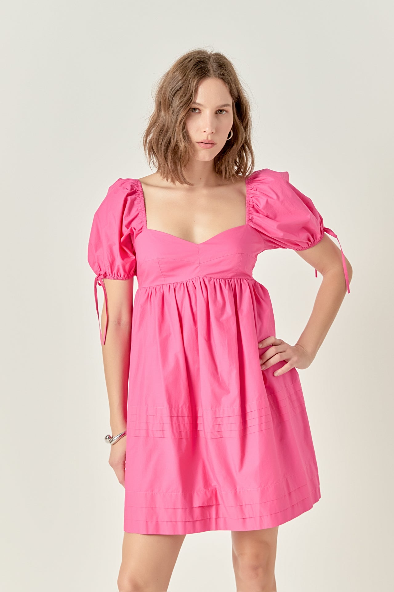 Pleated Detail Puff Sleeve Mini Dress English Factory Pleated Detail Puff Sleeve Mini Dress English Factory