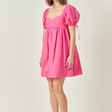 Pleated Detail Puff Sleeve Mini Dress