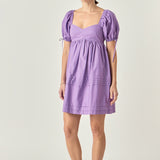 Pleated Detail Puff Sleeve Mini Dress