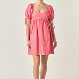 Pleated Detail Puff Sleeve Mini Dress
