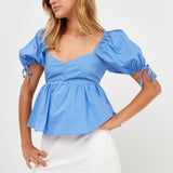 Tied Strap Puff Sleeve Woven Top