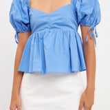 Tied Strap Puff Sleeve Woven Top