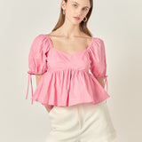 Tied Strap Puff Sleeve Woven Top