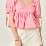 Tied Strap Puff Sleeve Woven Top