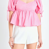 Tied Strap Puff Sleeve Woven Top