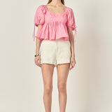 Tied Strap Puff Sleeve Woven Top